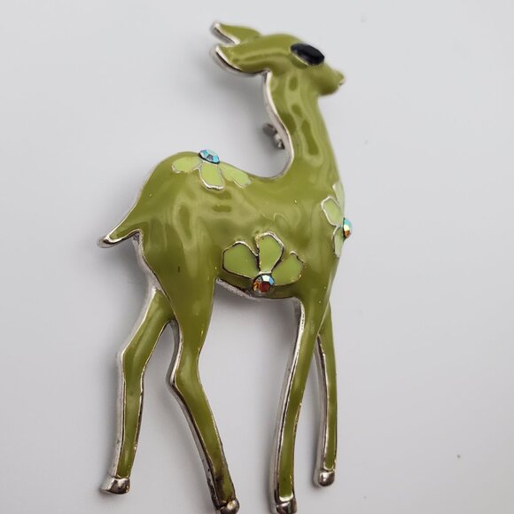 Vintage Large Olive Green Enamel Fawn Pin Brooch | Faceted Stones Floral Accents - Picture 3 of 4